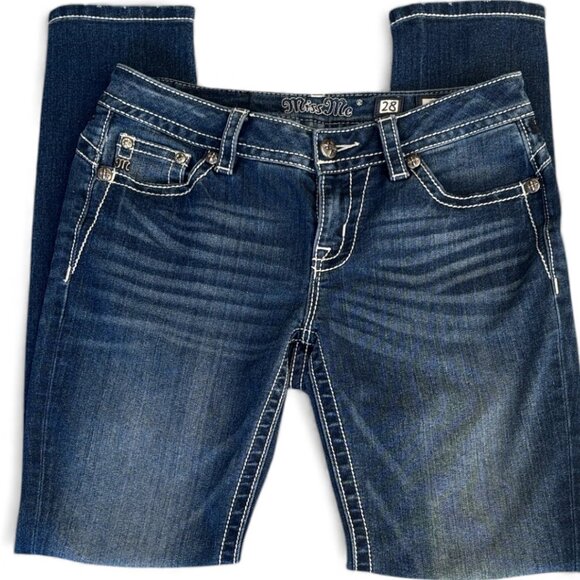 Miss Me Dark Blue Midrise Skinny Jeans with Embellished Pockets Size 28 - Picture 3 of 16